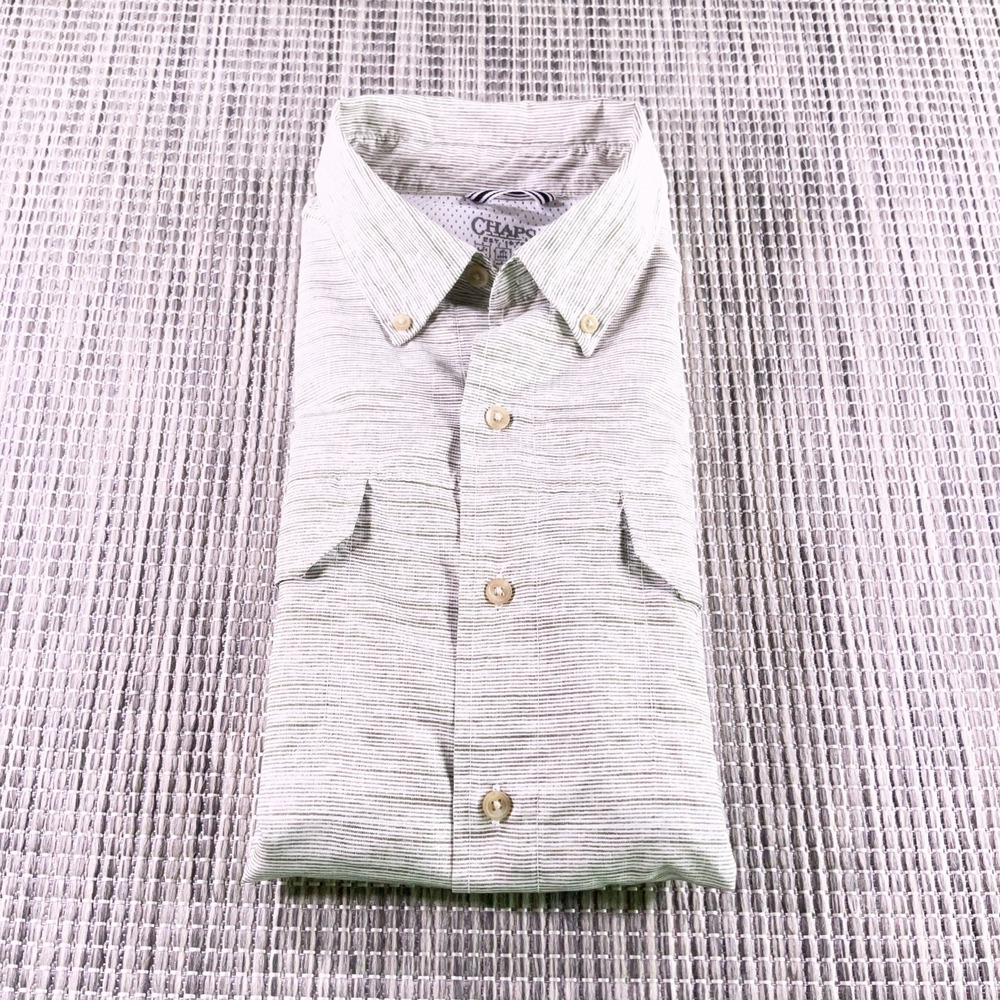 Chaps Mens Large Short Sleeve Button Down Shirt Heather Gray Green Striped Mesh - Picture 12 of 13